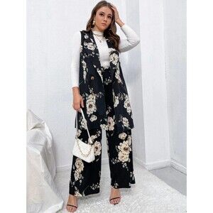Shein Floral Lapel Neck Double Breast Vest Blazer w/ Split Hem Palazzo Pants 1XL
